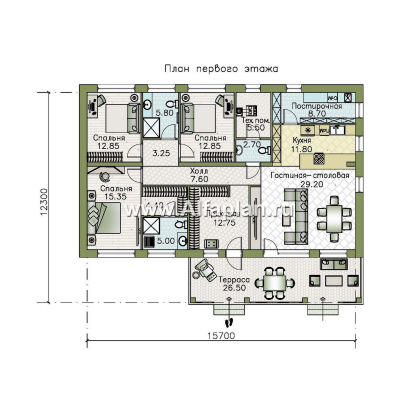 «Золотые поля» - проект одноэтажного дома, планировка мастер спальня и две детских, терраса со стороны входа - превью план дома