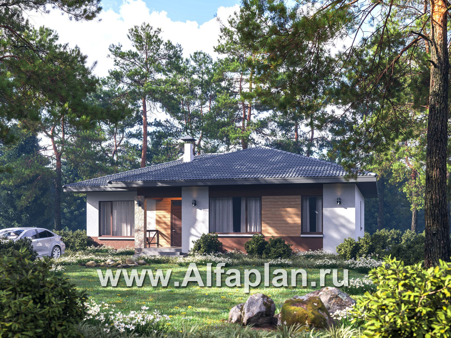 «Глория» - проект одноэтажного дома, c террасой, планировка мастер спальня, гардероб и постирочная, 3 спальни - основное изображение