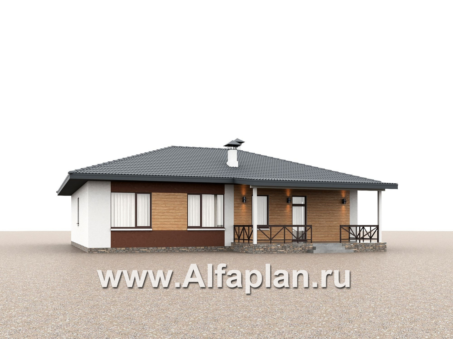 «Глория» - проект одноэтажного дома, c террасой, планировка мастер спальня, гардероб и постирочная, 3 спальни - дизайн дома №2