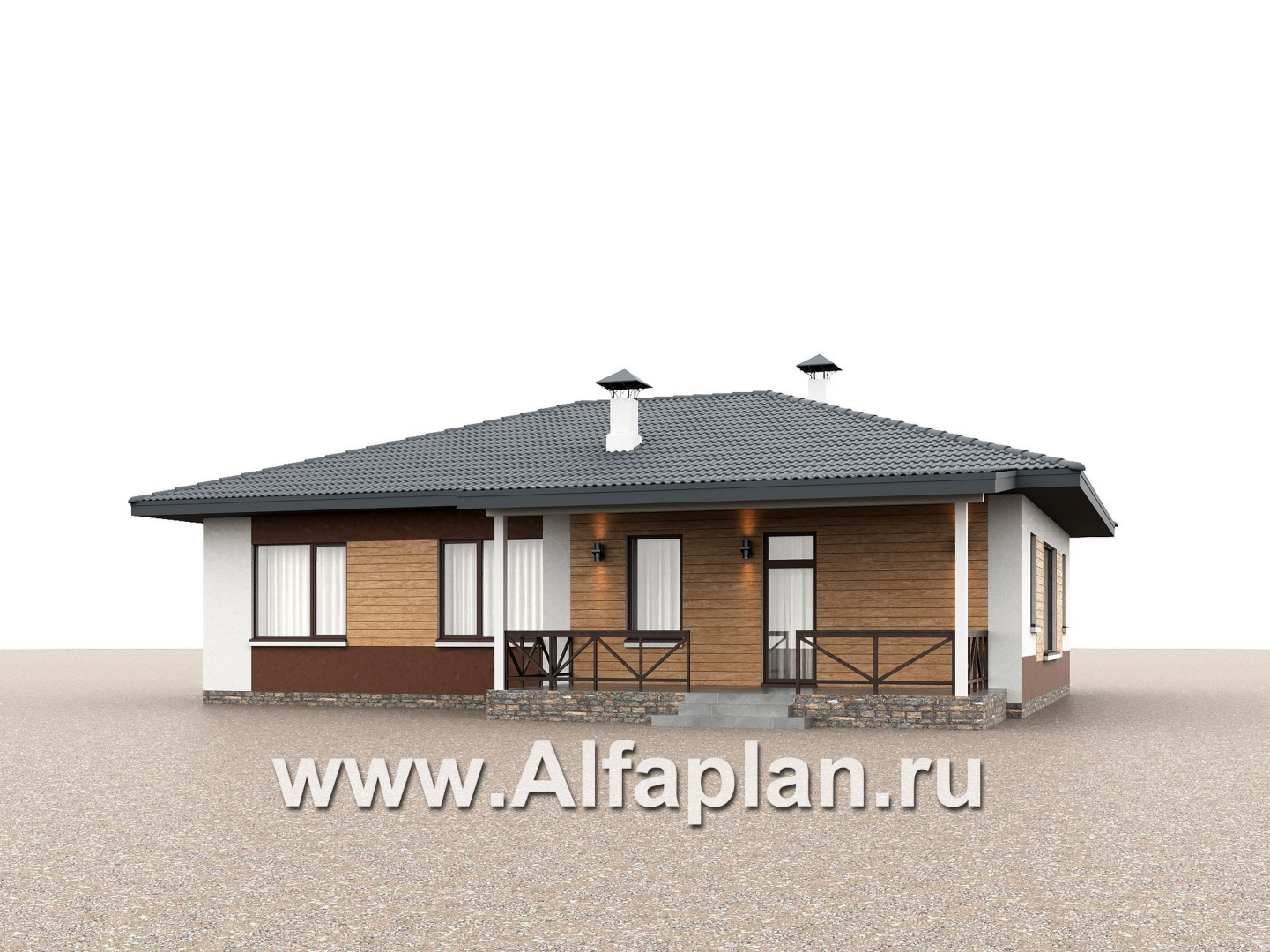 «Глория» - проект одноэтажного дома, c террасой, планировка мастер спальня, гардероб и постирочная, 3 спальни - дизайн дома №3