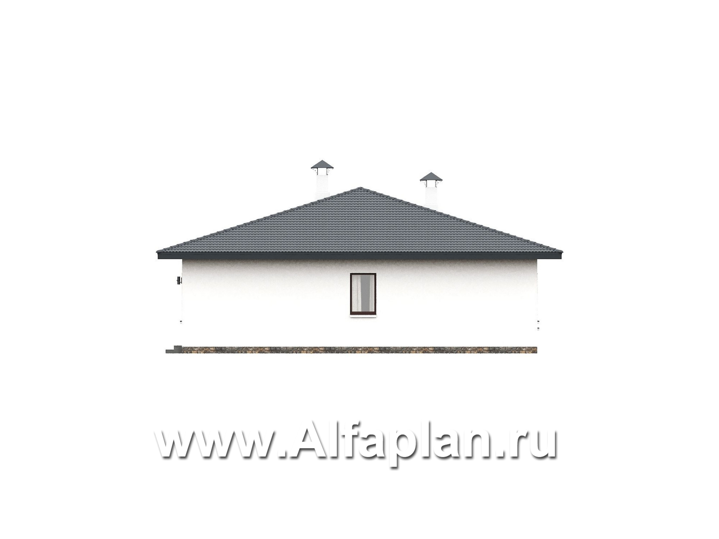 «Serenity» - проект одноэтажного дома, терраса со стороны входа, планировка мастер спальня, 4 спальни  - фасад дома