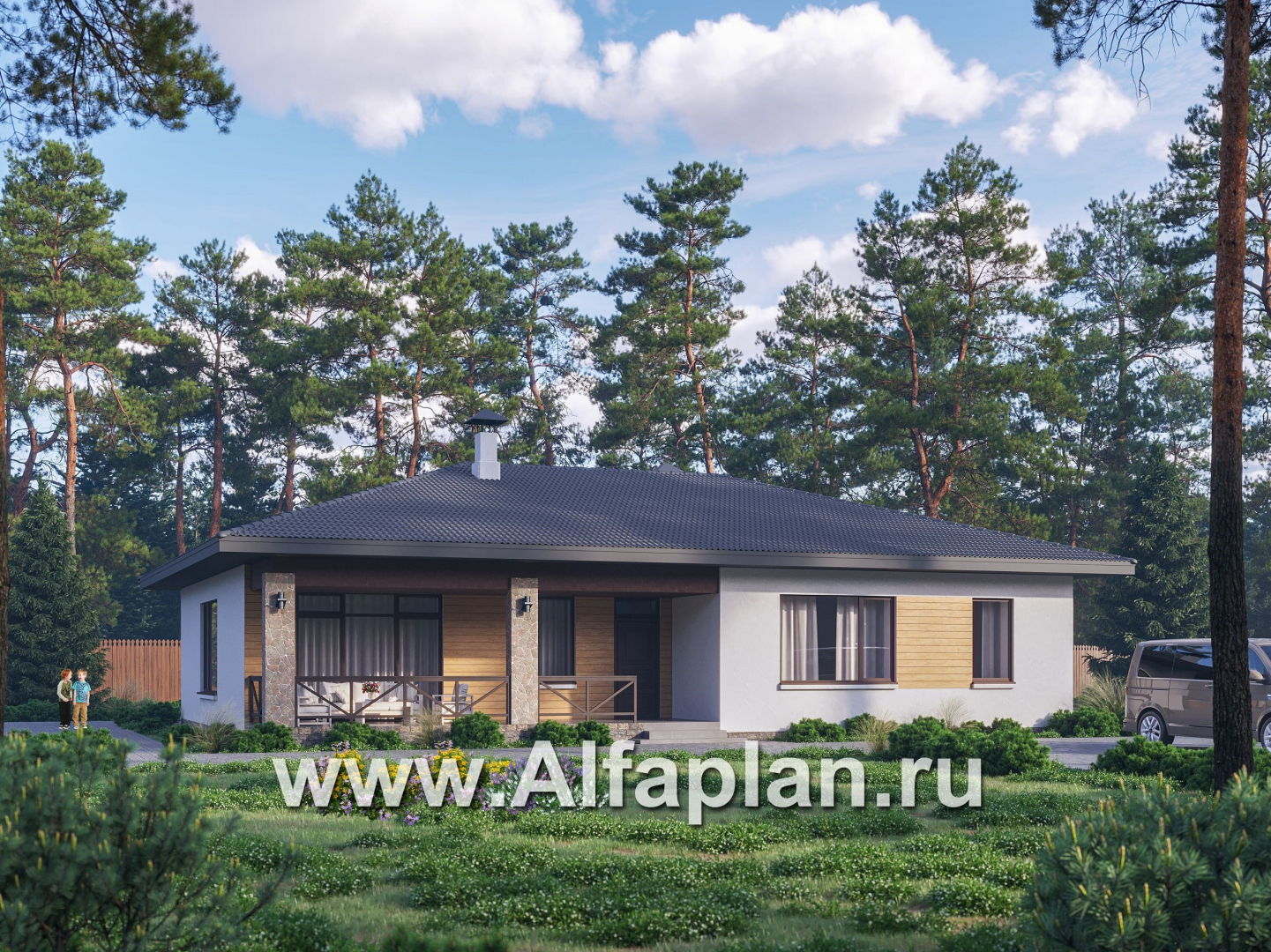 «Serenity» - проект одноэтажного дома, терраса со стороны входа, планировка мастер спальня, 4 спальни  - основное изображение