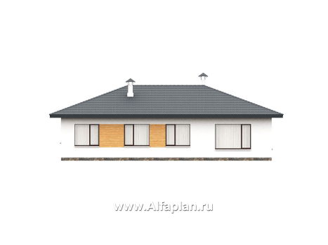 «Serenity» - проект одноэтажного дома, терраса со стороны входа, планировка мастер спальня, 4 спальни  - превью фасада дома