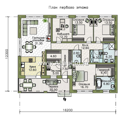 «Serenity» - проект одноэтажного дома, терраса со стороны входа, планировка мастер спальня, 4 спальни  - превью план дома