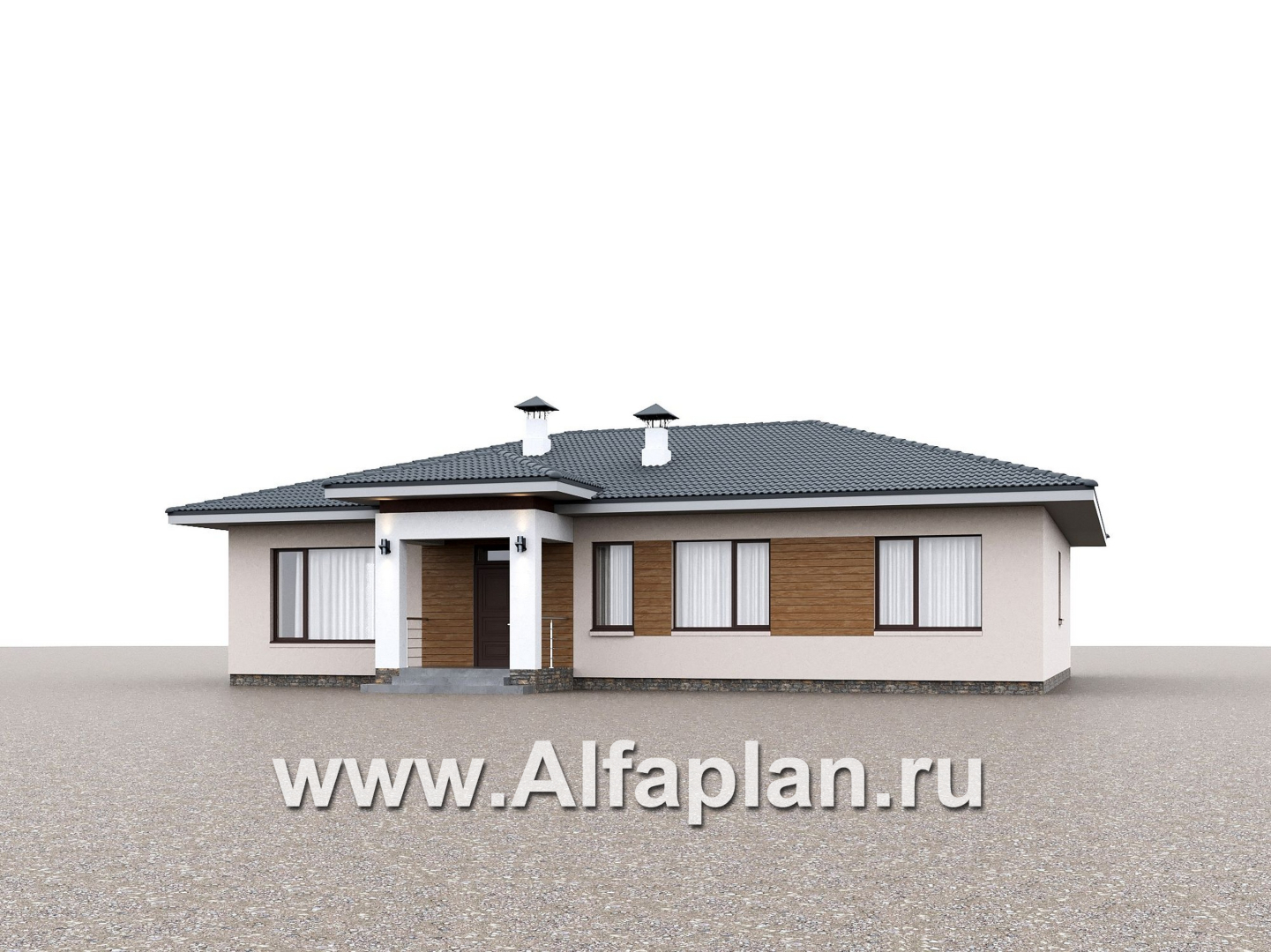 «Serenity» - проект одноэтажного дома, c террасой, планировка мастер спальня, гардероб и постирочная, 4 спальни - дизайн дома №1