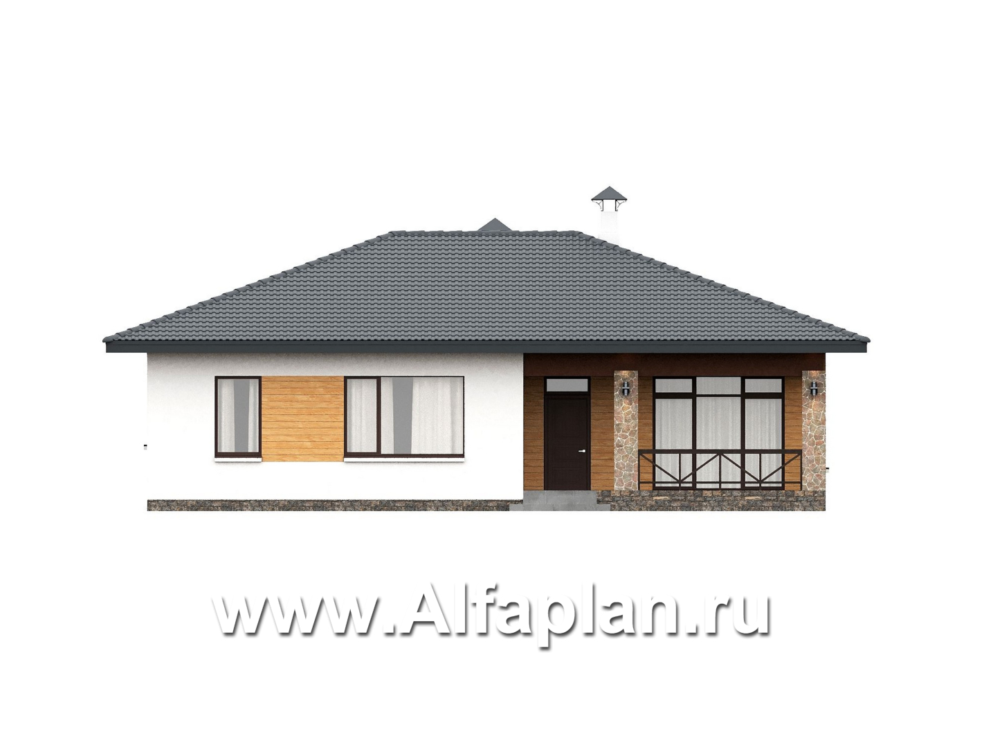 «Глория» - проект одноэтажного дома, терраса со стороны входа, планировка мастер спальня, 3 спальни - фасад дома