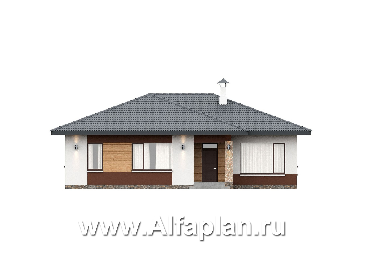 «Глория» - проект одноэтажного дома, c террасой, планировка мастер спальня, гардероб и постирочная, 3 спальни - фасад дома