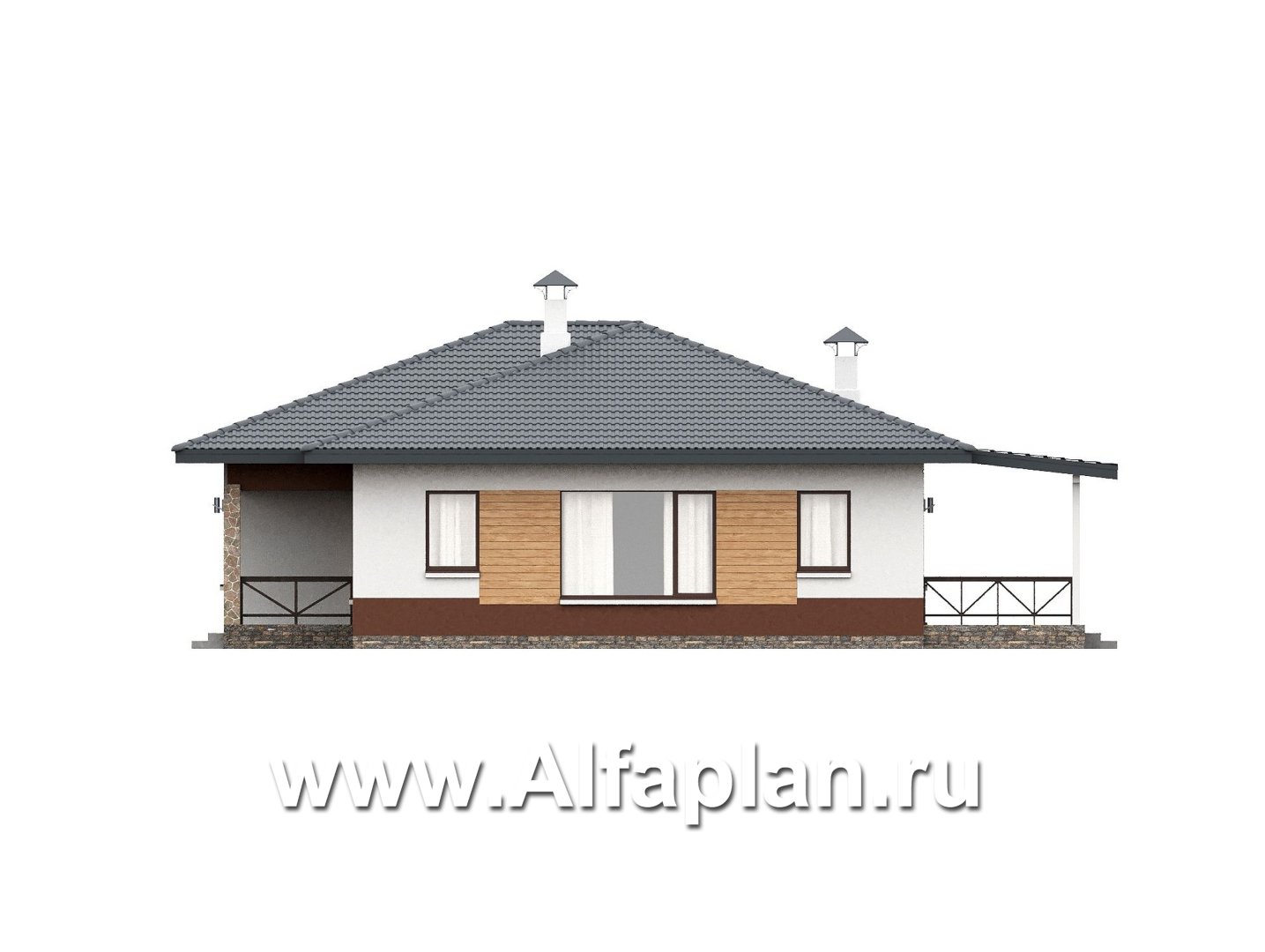 «Глория» - проект одноэтажного дома, c террасой, планировка мастер спальня, гардероб и постирочная, 3 спальни - фасад дома