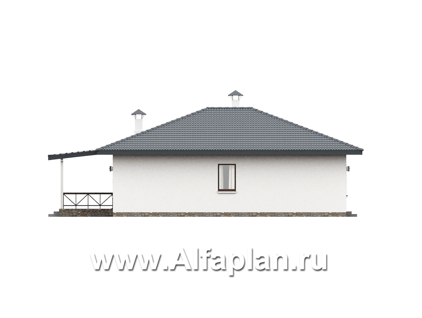 «Глория» - проект одноэтажного дома, c террасой, планировка мастер спальня, гардероб и постирочная, 3 спальни - фасад дома