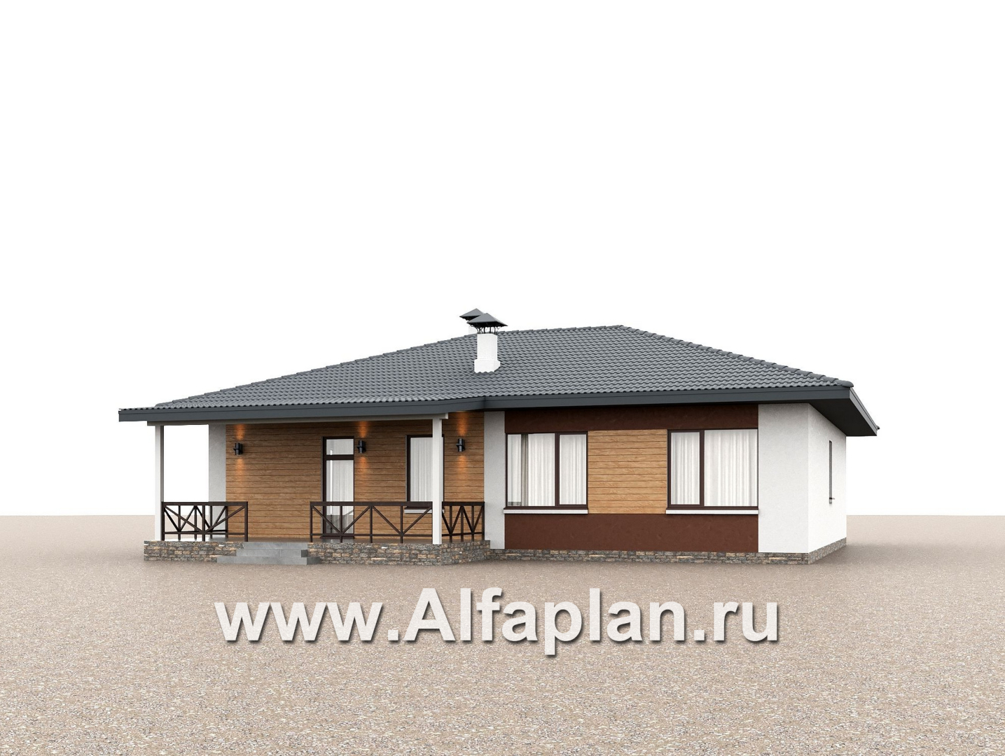 «Глория» - проект одноэтажного дома, c террасой, планировка мастер спальня, гардероб и постирочная, 3 спальни - дизайн дома №2