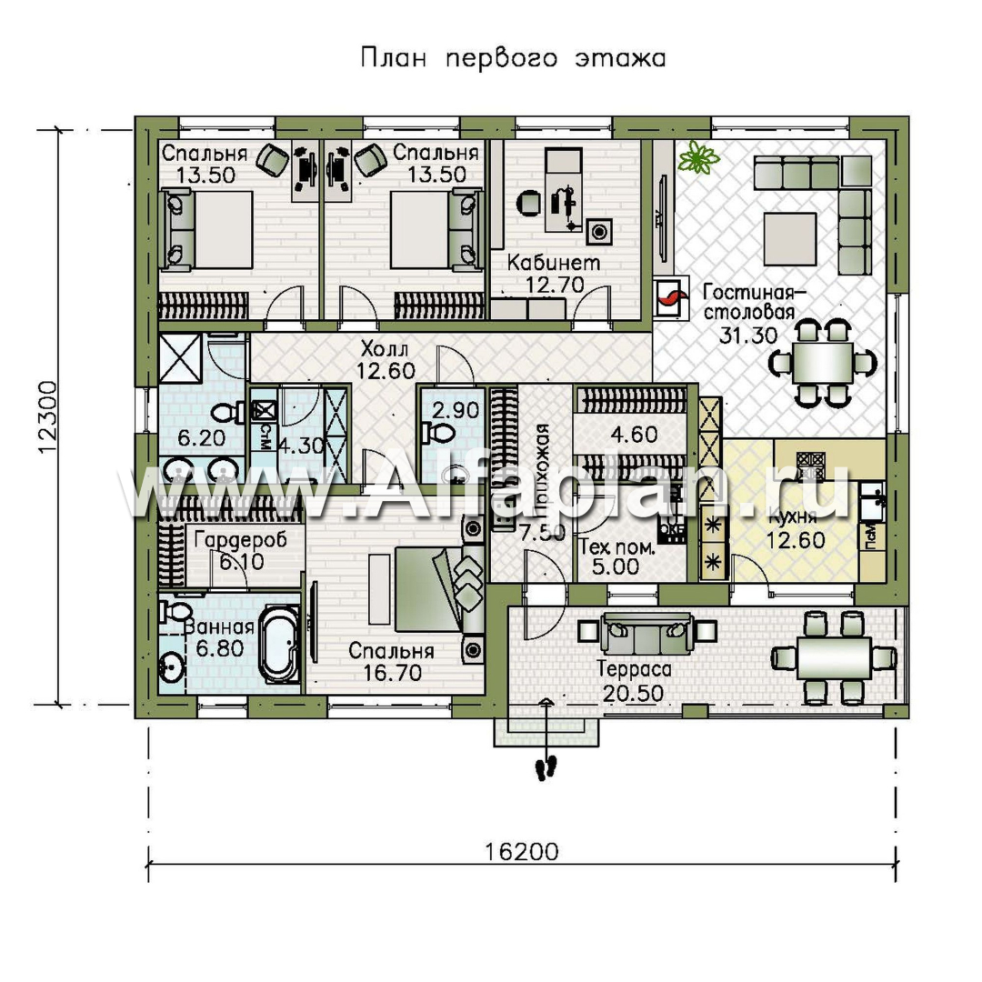 «Serenity» - проект одноэтажного дома, терраса со стороны входа, планировка мастер спальня, 4 спальни - план дома