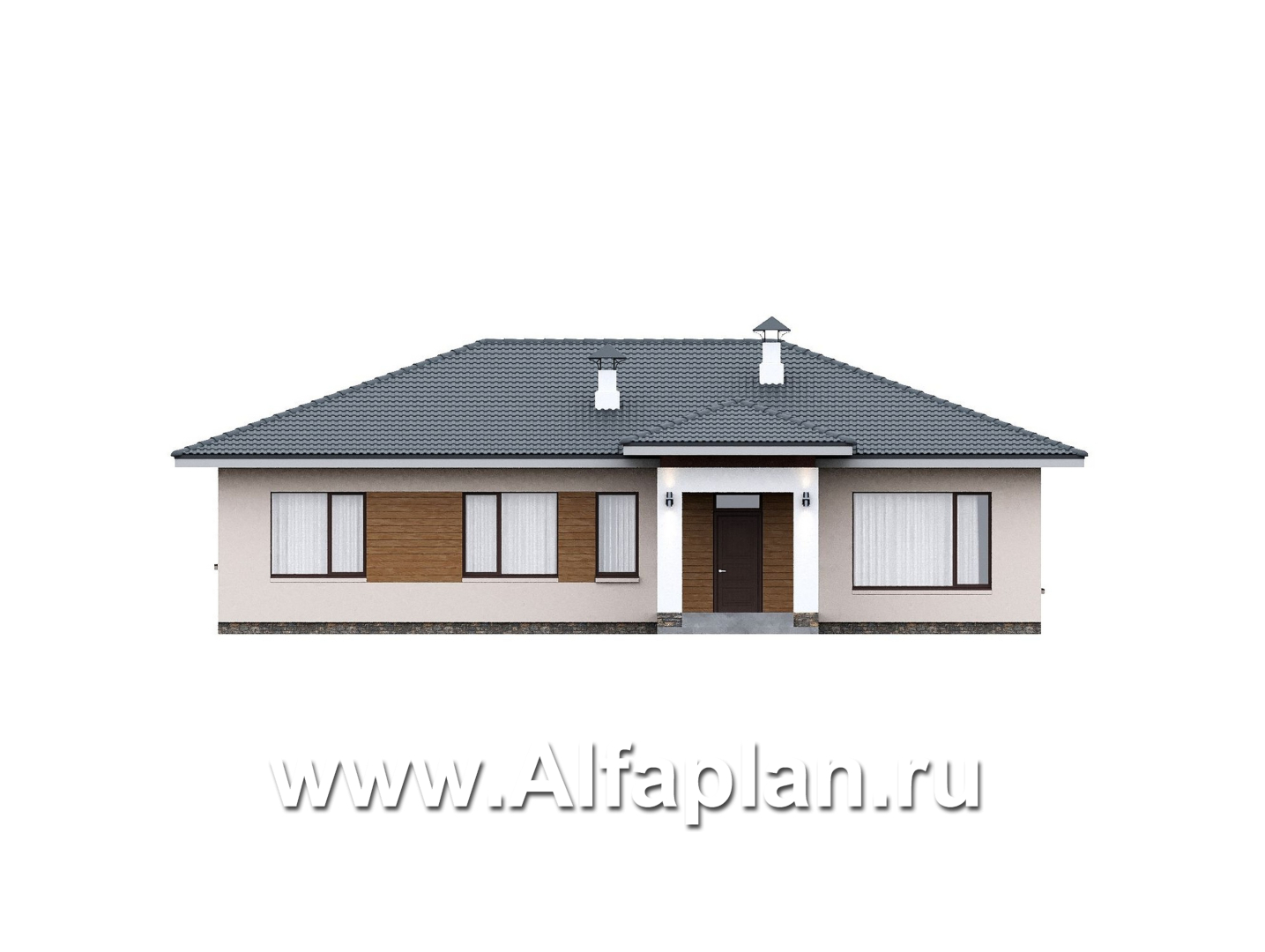 «Serenity» - проект одноэтажного дома, c террасой, планировка мастер спальня, гардероб и постирочная, 4 спальни - фасад дома