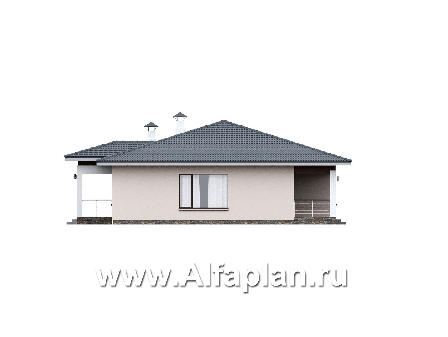 «Serenity» - проект одноэтажного дома, c террасой, планировка мастер спальня, гардероб и постирочная, 4 спальни - фасад дома