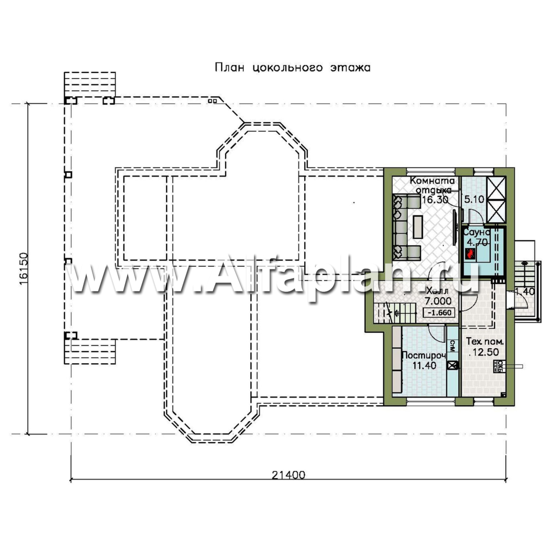 «Ной и команда» - проект полутораэтажного коттеджа, планировка мастер спальня, с эркером и с террасой, с сауной в цоколе - план дома