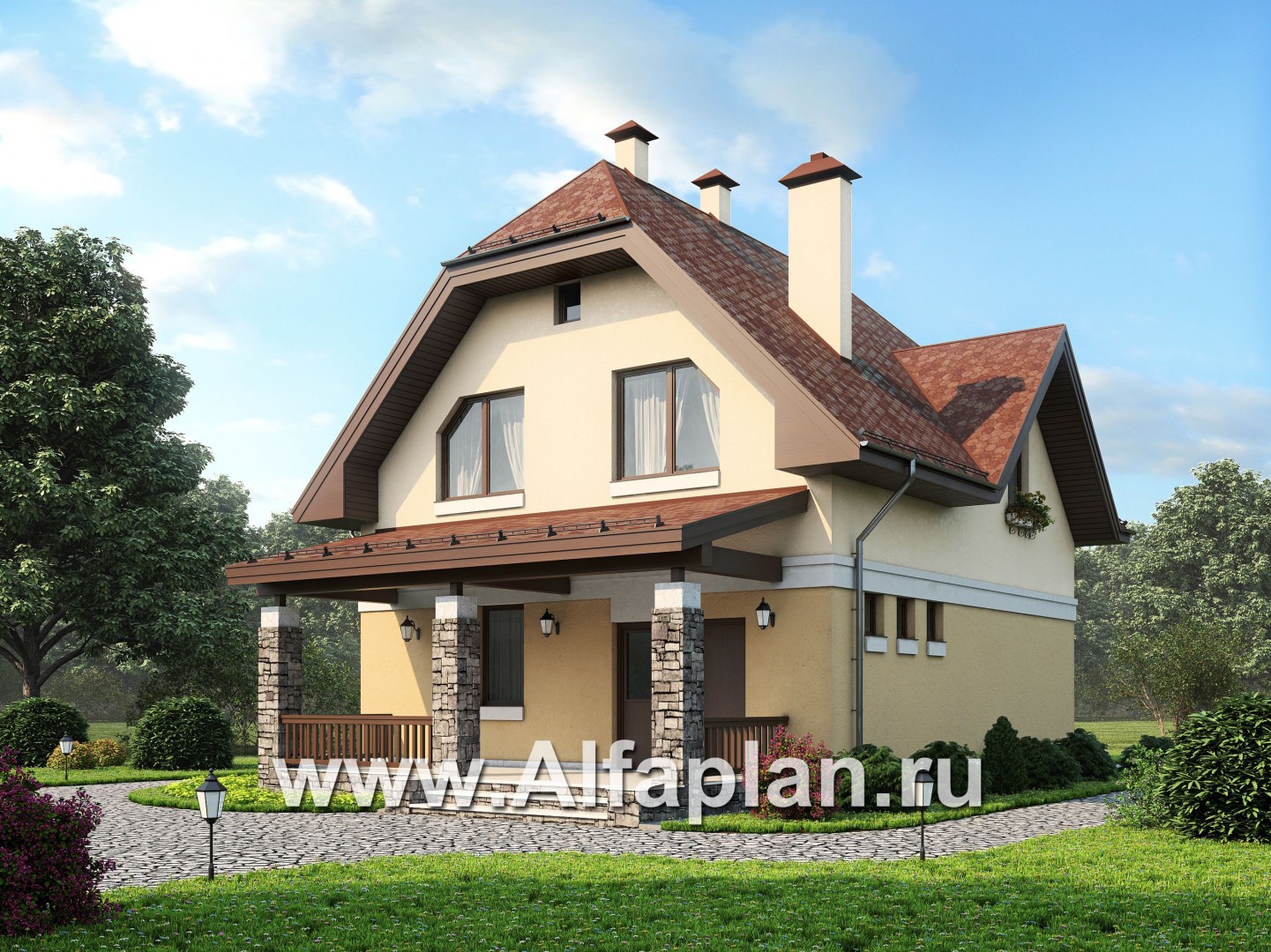 Проект дома с мансардой, планировка с террасой со стороны входа и кабинетом на 1 эт - дизайн дома №1