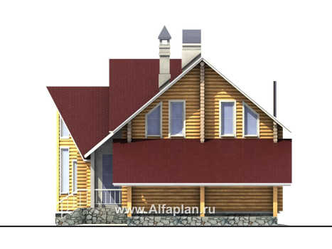 «Л-Хаус» - проект деревянного дома с мансардой, из бревен, с треугольным эркером в гостиной и кабинетом на 1 эт, навес на 1 авто - превью фасада дома