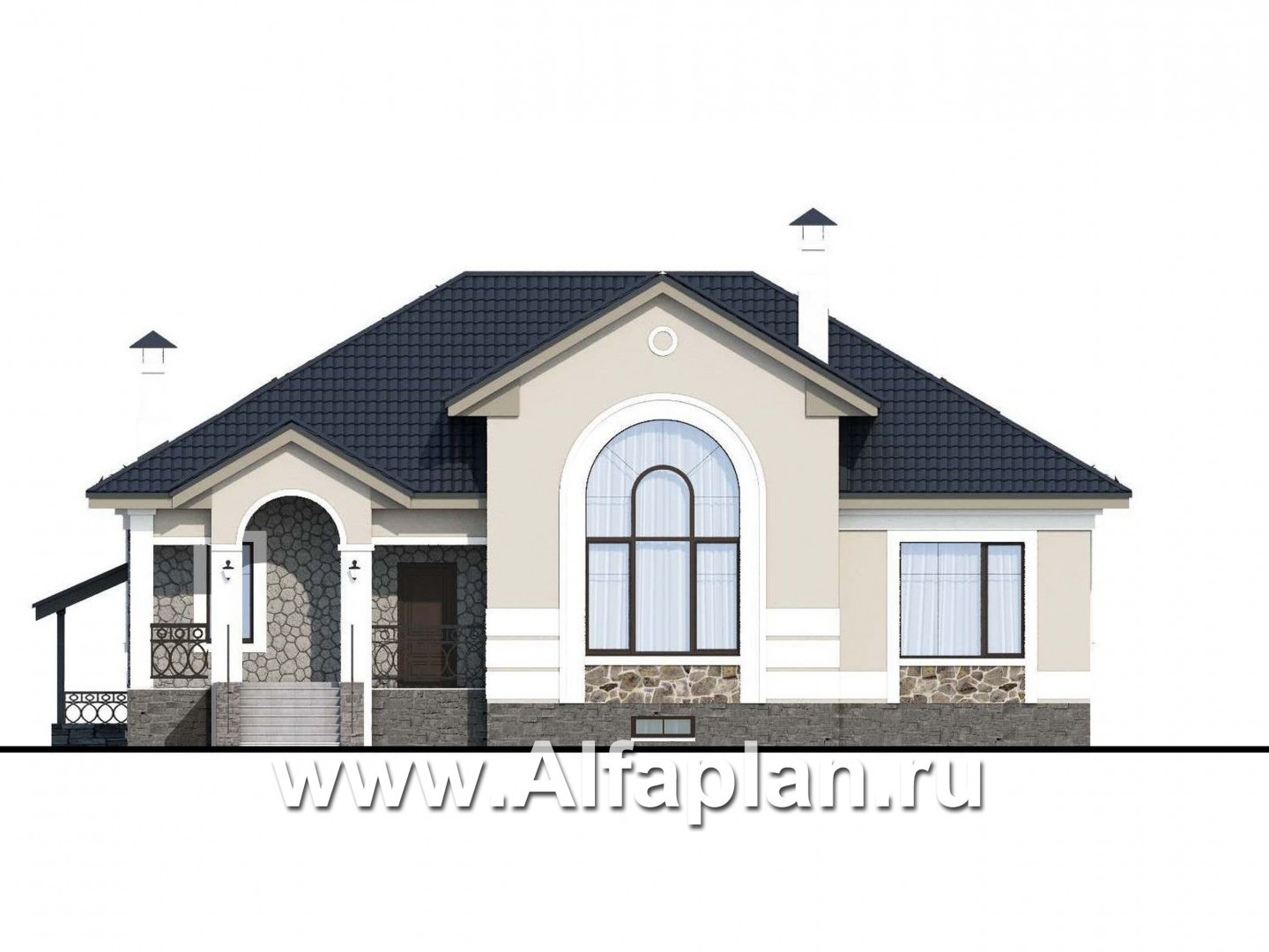 «Волга» - проект дома с мансардой, с террасой, планировка 3 жилых комнаты на 1 эт и второй свет в гостиной, с цокольным этажом - фасад дома