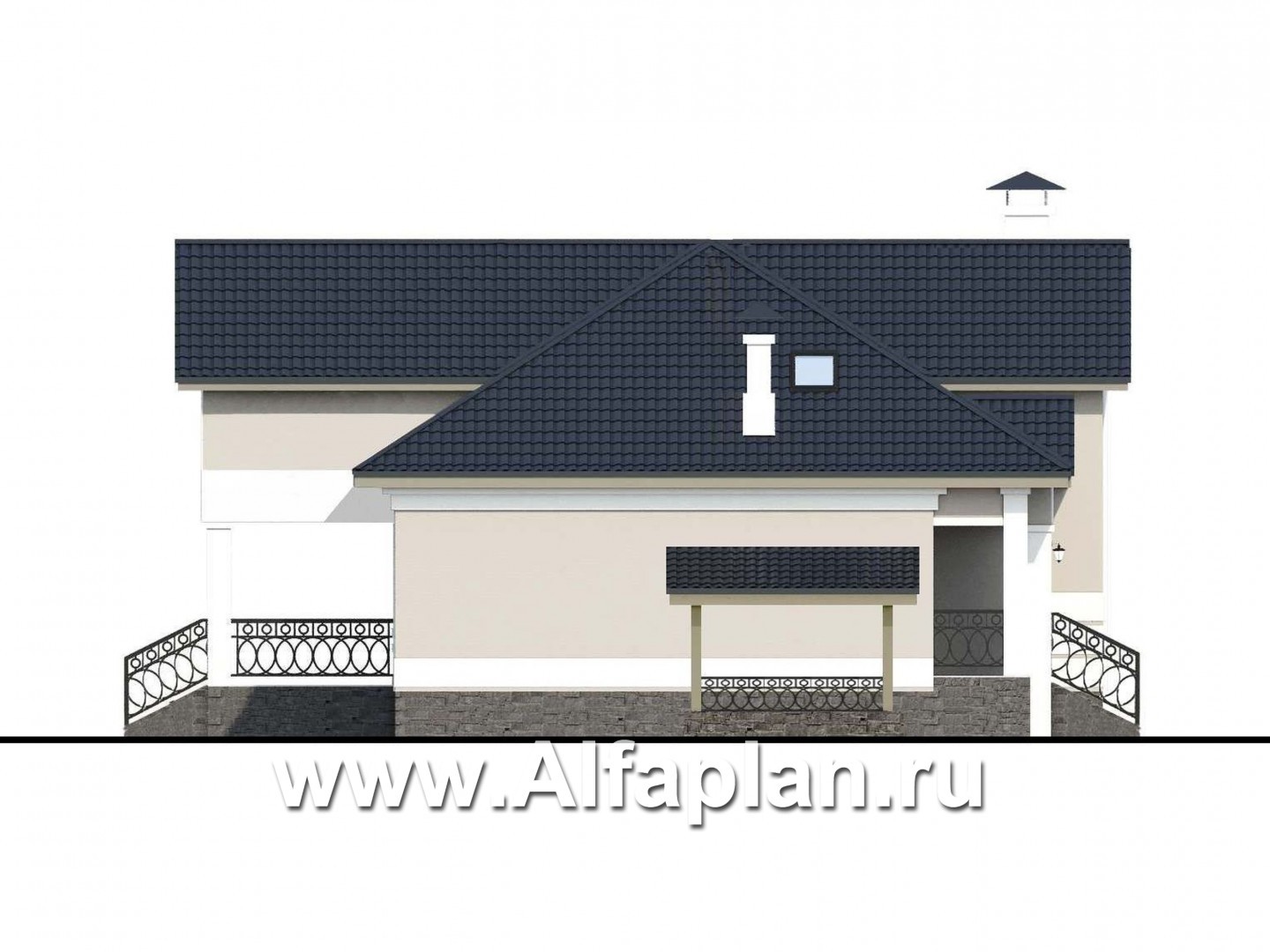 «Волга» - проект дома с мансардой, с террасой, планировка 3 жилых комнаты на 1 эт и второй свет в гостиной, с цокольным этажом - фасад дома
