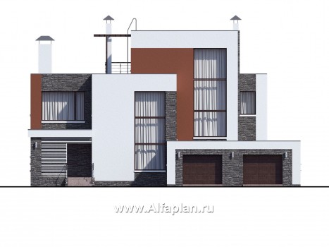 « Альстер» — проект двухэтажного дома в стиле хай-тек, элитая вилла, навес на 2 авто - превью фасада дома