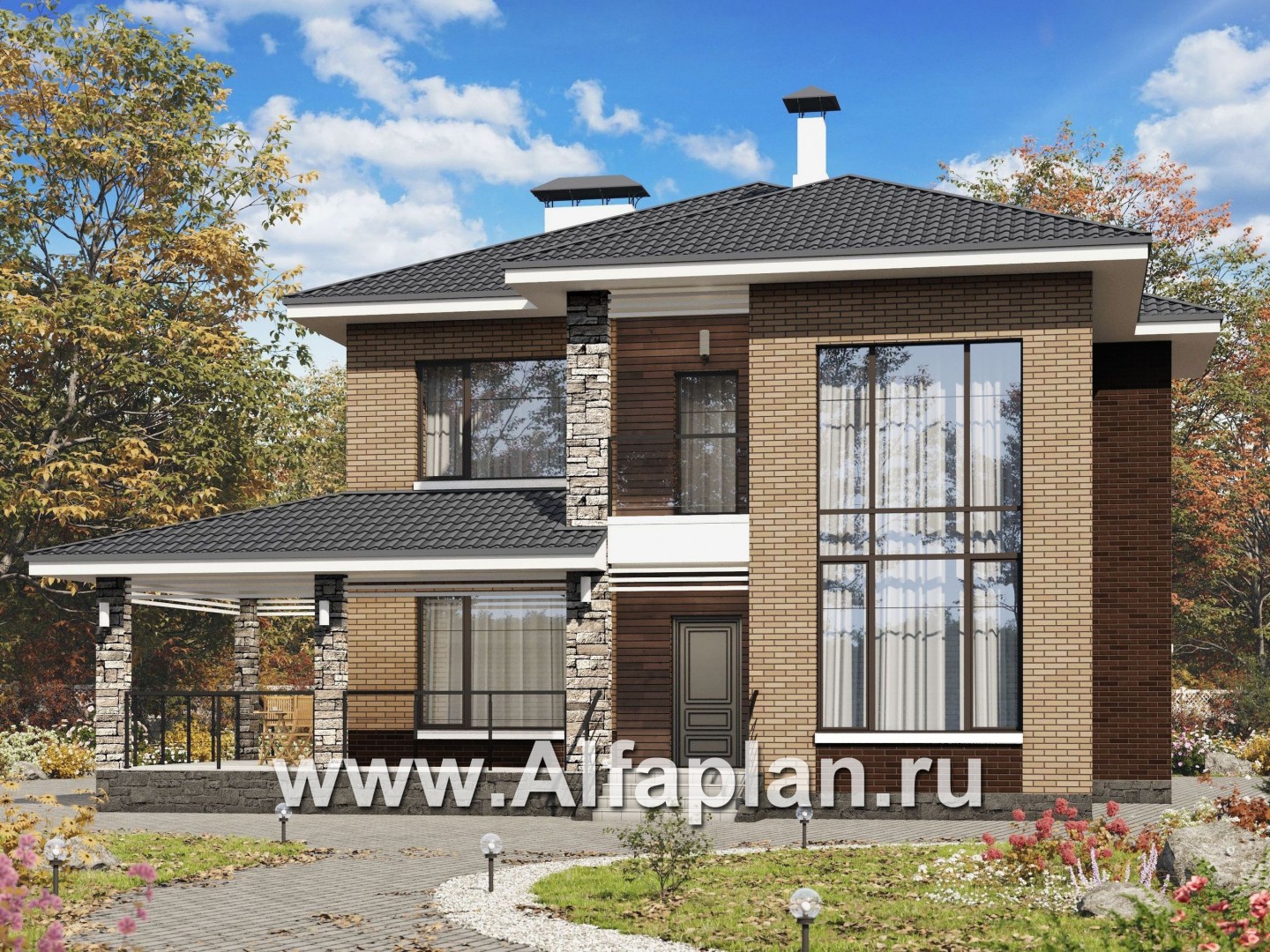 «Роман с камнем» — проект дома, 2 этажа, с двусветной гостиной и с террасой при входе - основное изображение