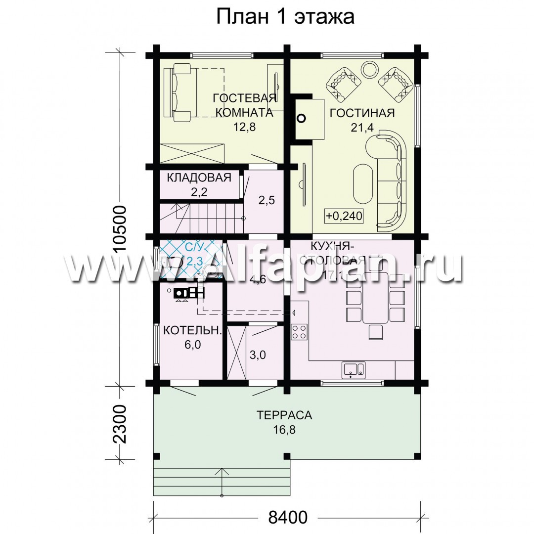 Проект двухэтажного дома из бруса, планировка с кабинетом и с террасой со стороны входа и балконом, в современном стиле - план дома