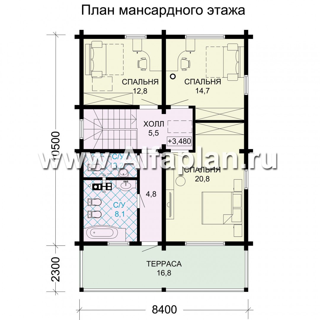 Проект двухэтажного дома из бруса, планировка с кабинетом и с террасой со стороны входа и балконом, в современном стиле - план дома