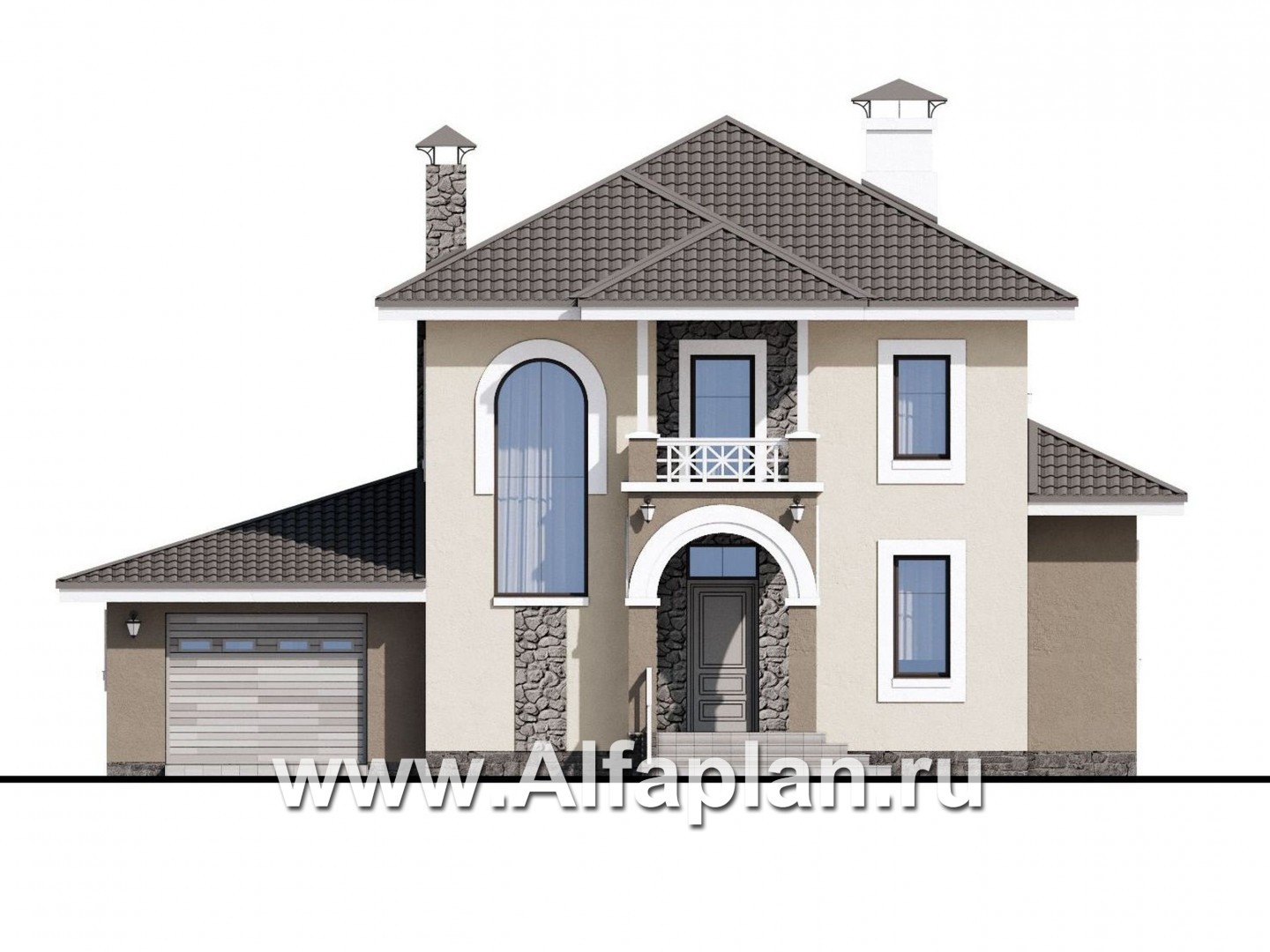 «Синяя птица» - проект красивого двухэтажного дома, с аркой на входе, с террасой, в стиле модерн - фасад дома