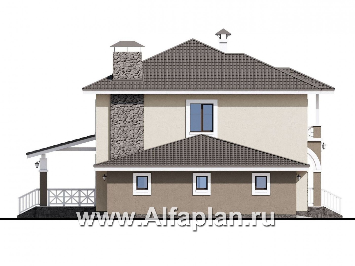 «Синяя птица» - проект красивого двухэтажного дома, с аркой на входе, с террасой, в стиле модерн - фасад дома