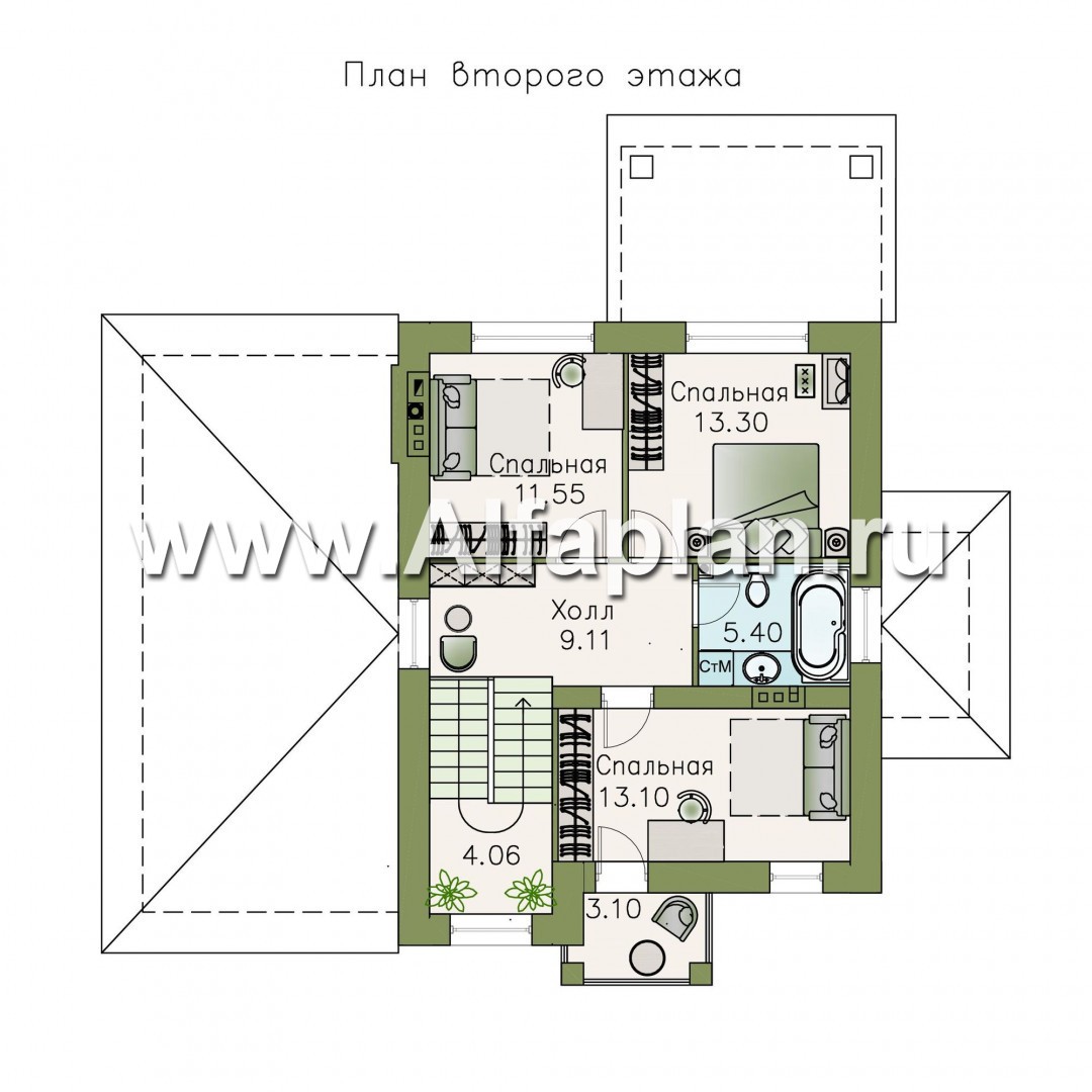 «Синяя птица» - проект красивого двухэтажного дома, с аркой на входе, с террасой, в стиле модерн - план дома