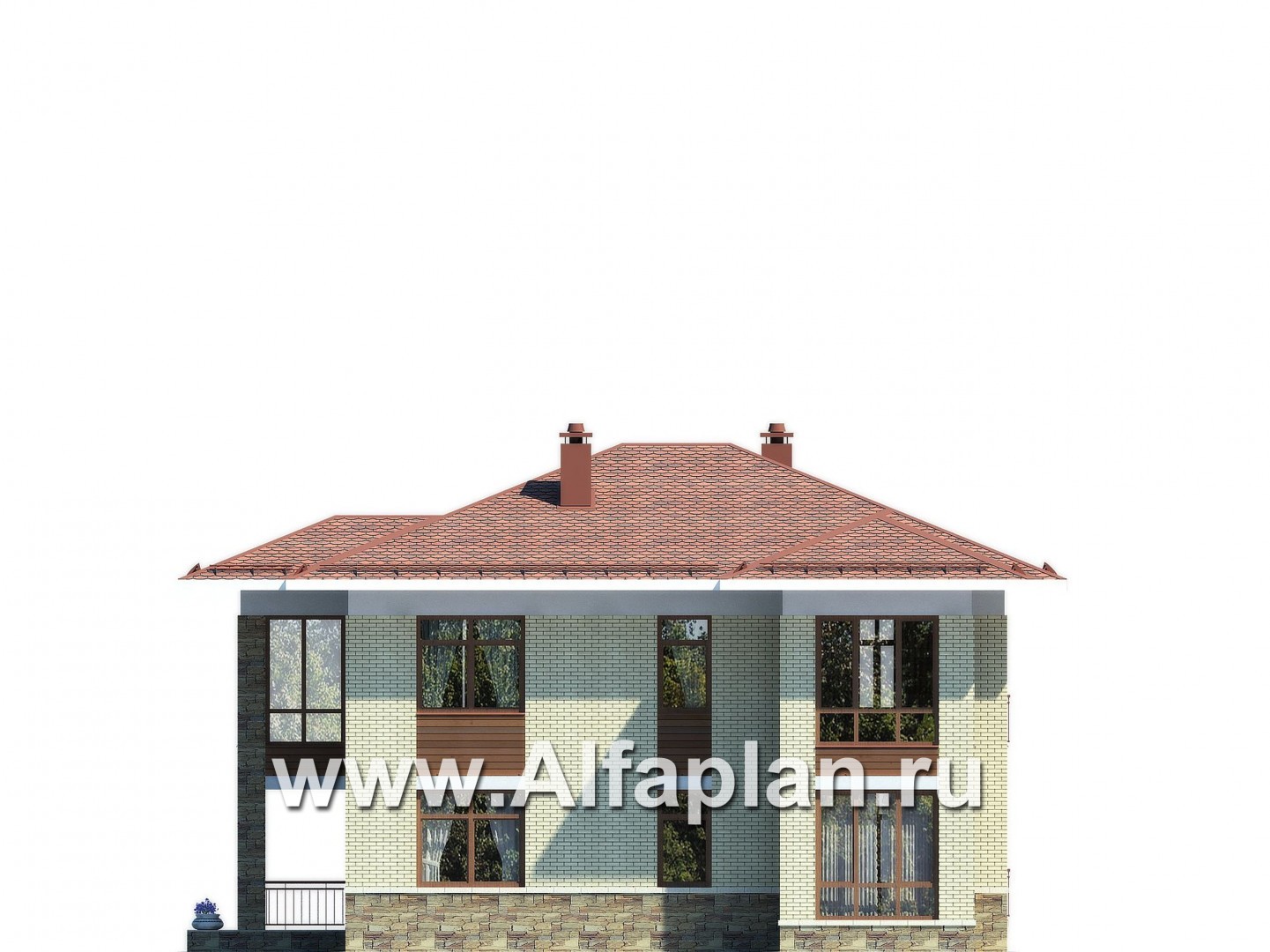 Проект двухэтажного дома из газобетона, планировка с гостевой на 1 эт и с гаражом на 2 авто, в современном стиле - фасад дома