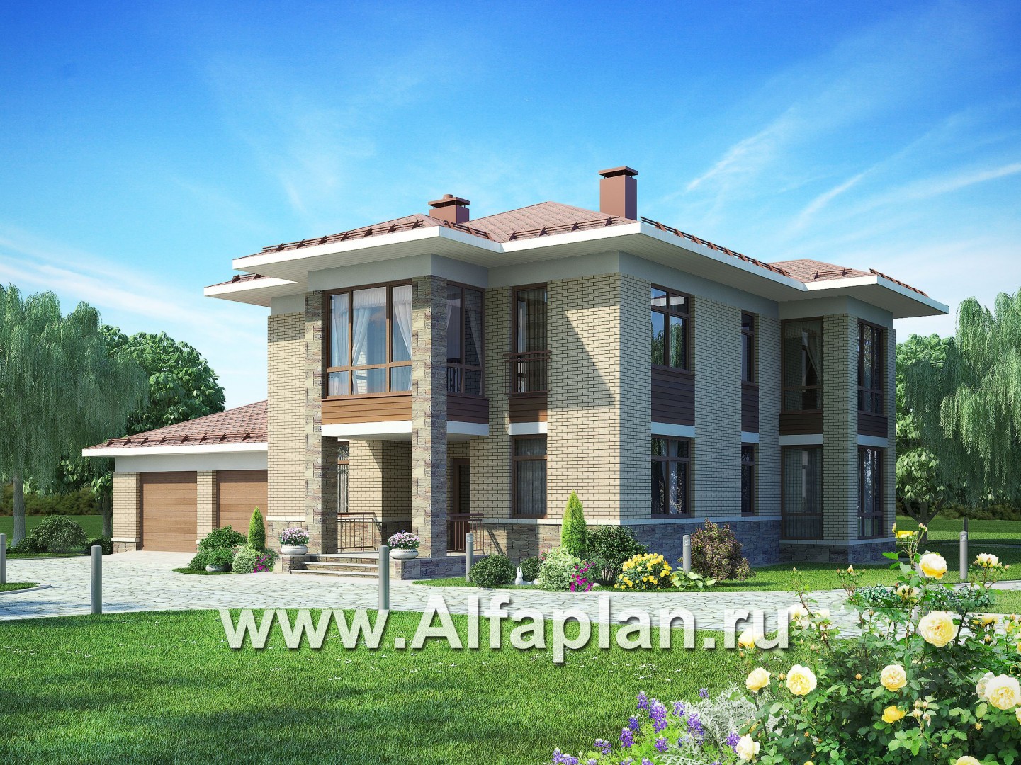 Проект двухэтажного дома из газобетона, планировка с гостевой на 1 эт и с гаражом на 2 авто, в современном стиле - дизайн дома №1