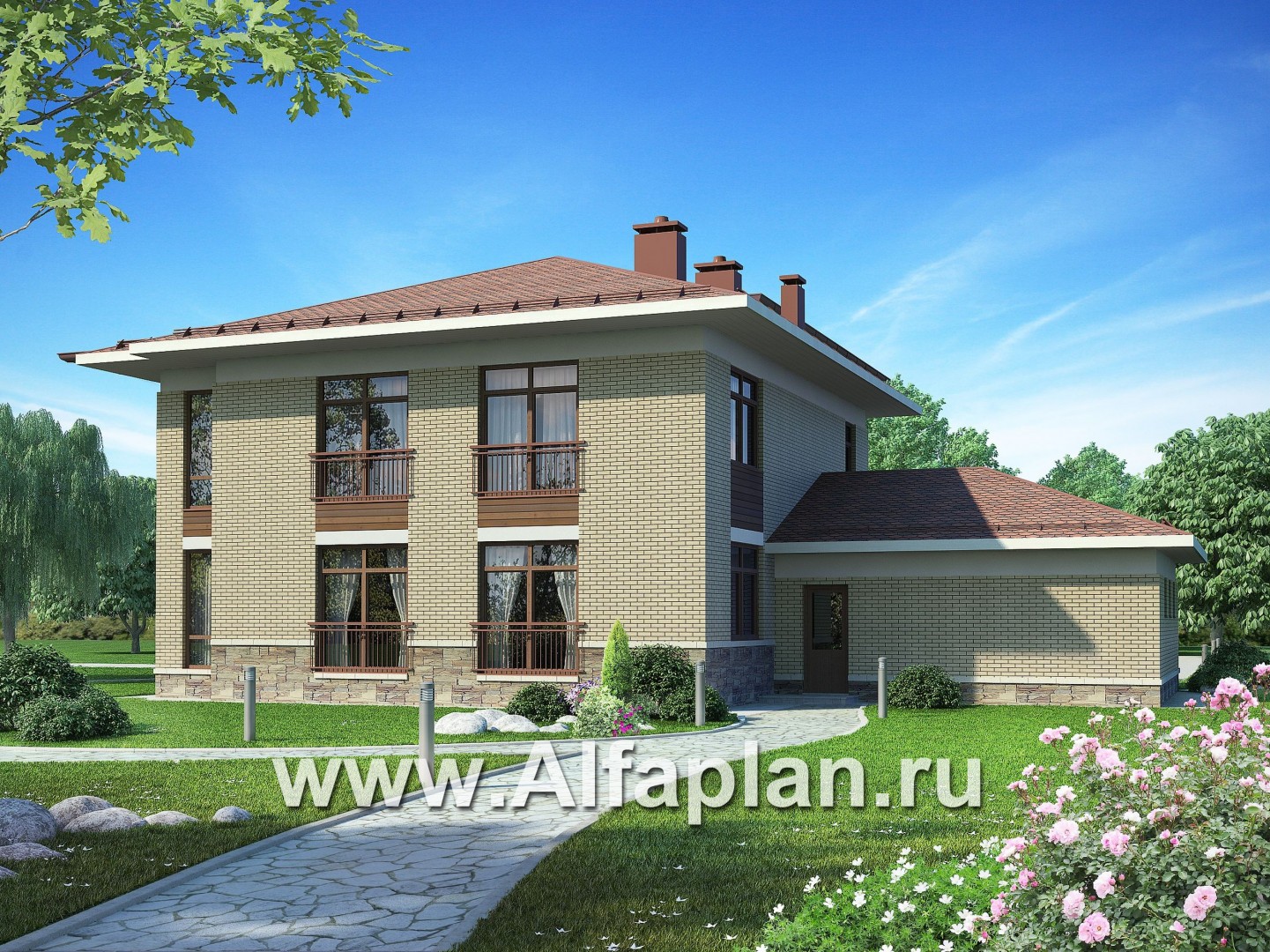 Проект двухэтажного дома из газобетона, планировка с гостевой на 1 эт и с гаражом на 2 авто, в современном стиле - дизайн дома №3