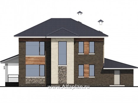 Проекты домов Альфаплан - «Светлая полоса» - современный двухэтажный коттедж с гаражом и верандой - превью фасада №3