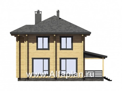 Проект двухэтажного дома из бруса, планировка с кабинетом на 1 эт и угловой террасой - превью фасада дома